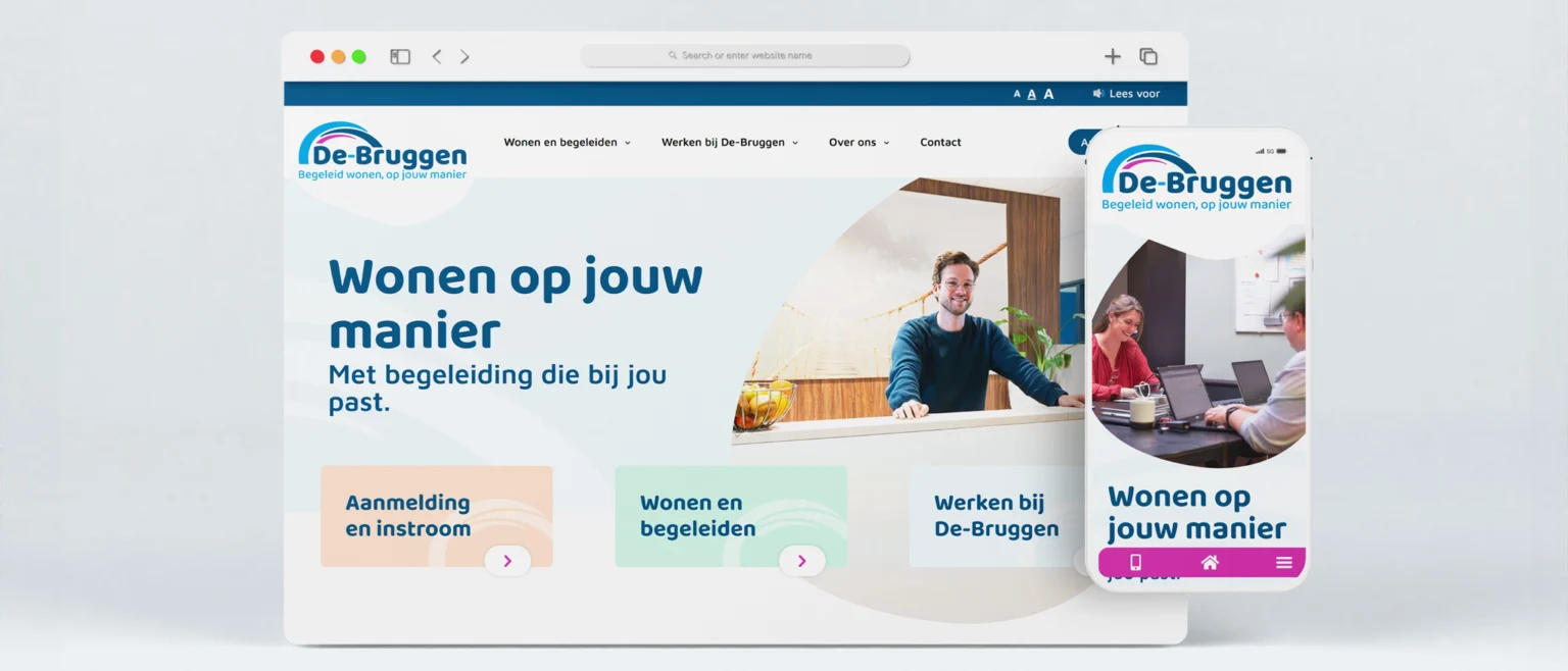 Website van De Bruggen op een desktopscherm en telefoon