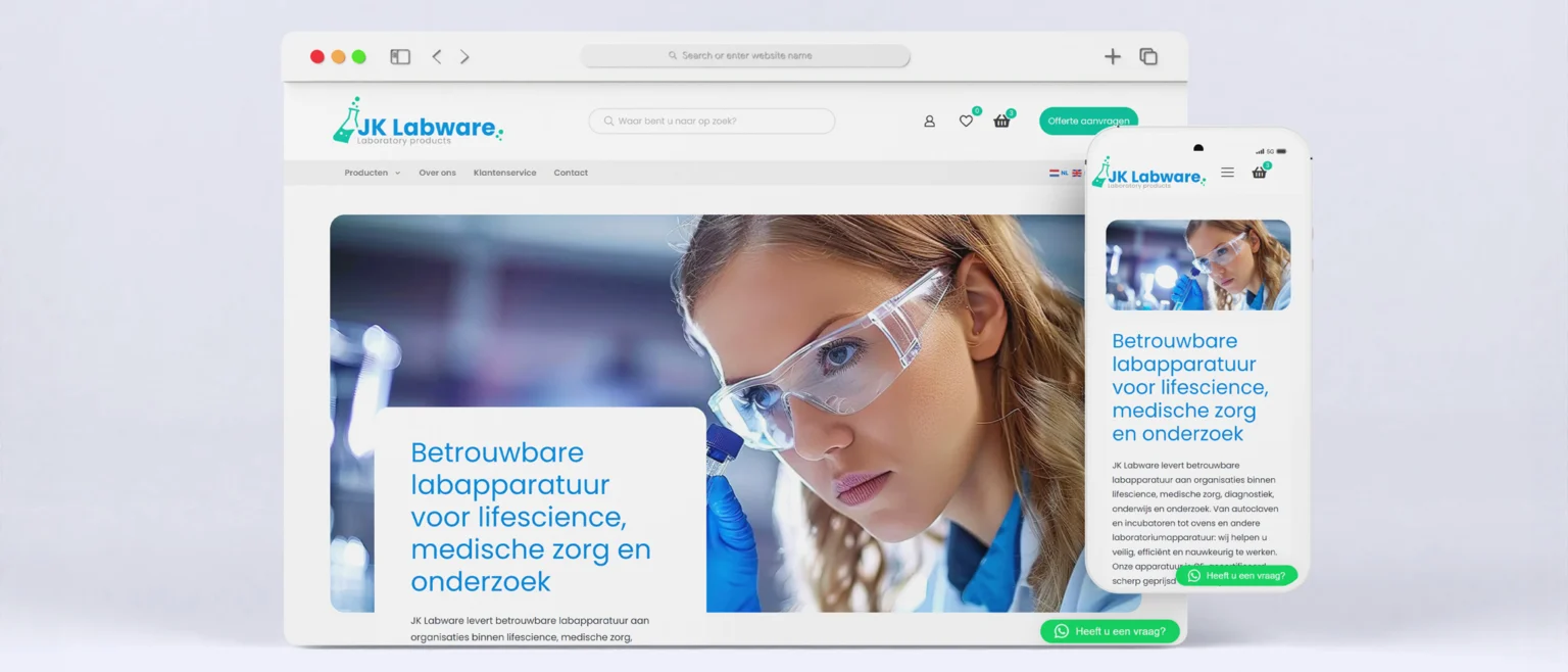 Website van JK Labware op een desktopscherm