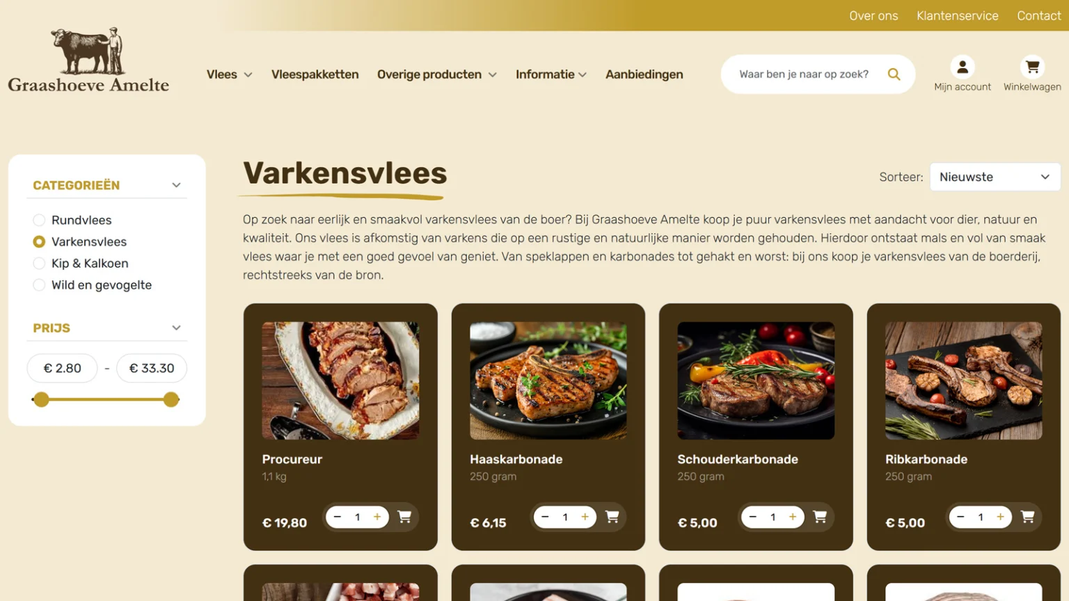Categoriepagina varkensvlees in de webshop van Graashoeve Amelte