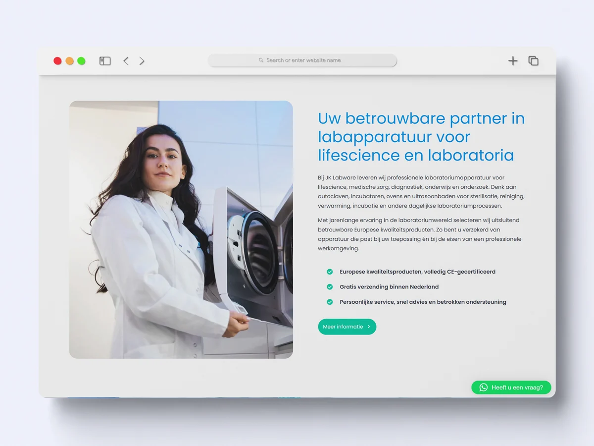 Homepage van JK Labware in een browservenster