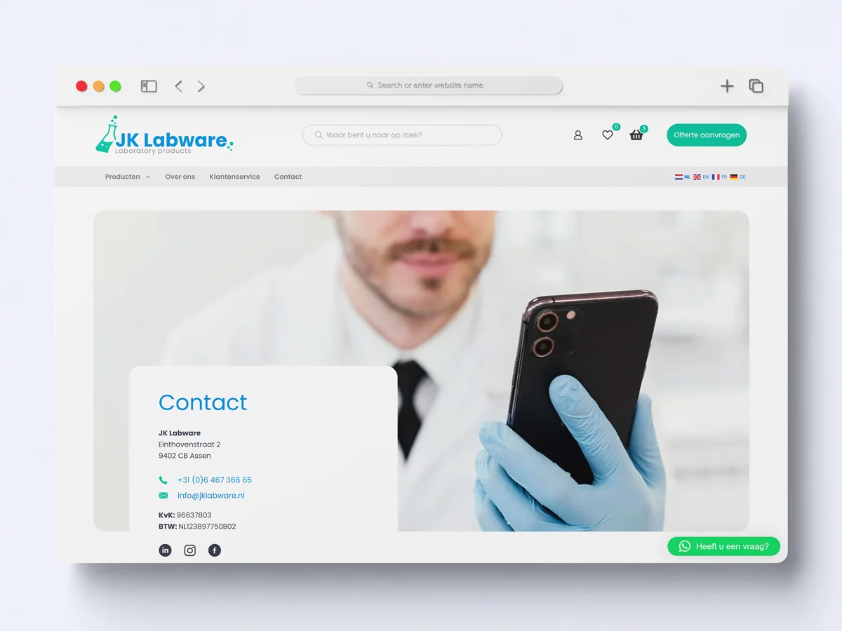 Contactpagina van JK Labware in een browservenster