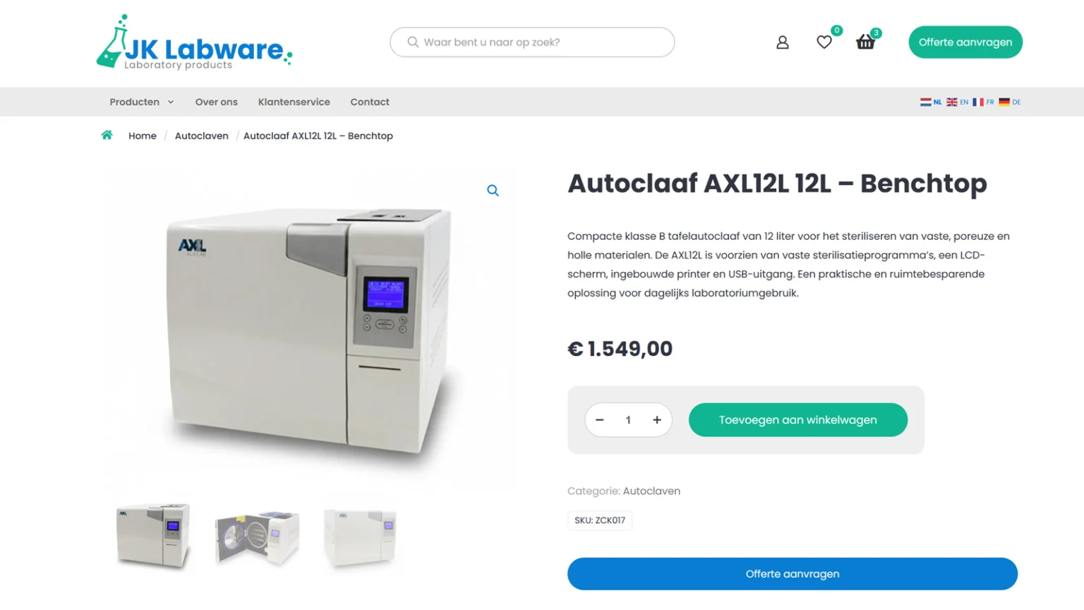 Productpagina van de webshop van JK Labware met een autoclaaf