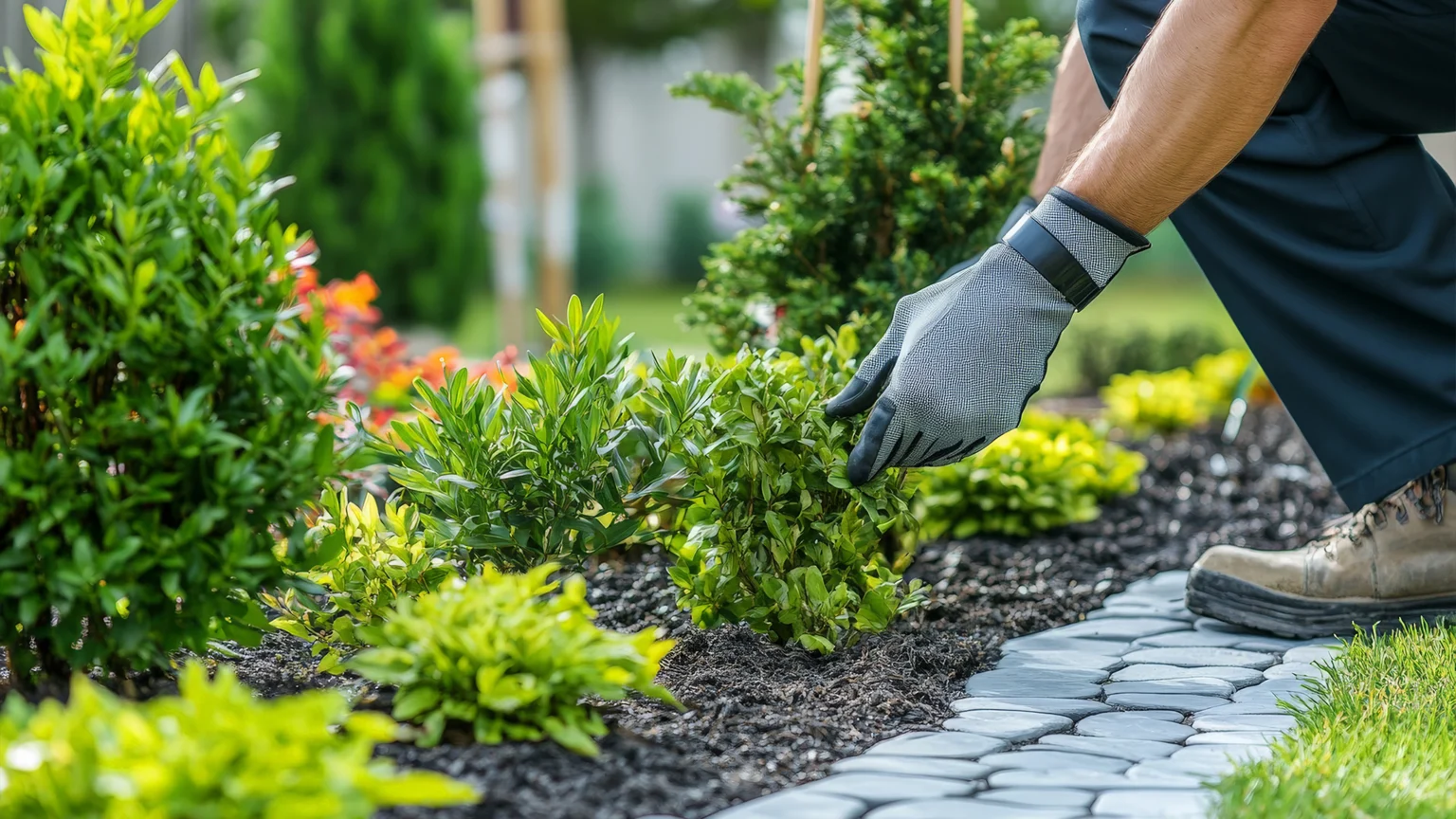Hovenier plant beplanting langs een tuinpad