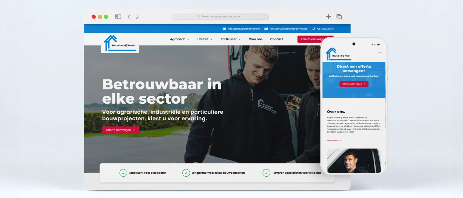 Website van Bouwbedrijf Meek op een desktopscherm en telefoon