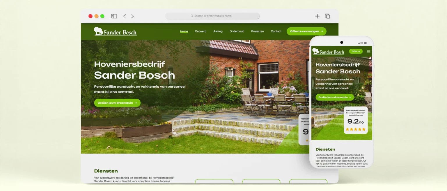 Website van Hoveniersbedrijf Sander Bosch op een desktopscherm en telefoon