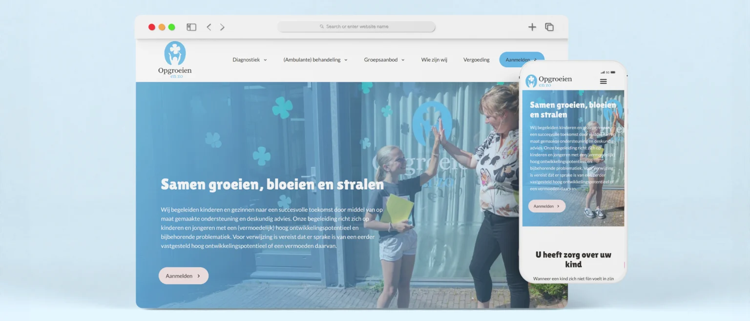 Website van Opgroeien en zo op een desktopscherm en telefoon