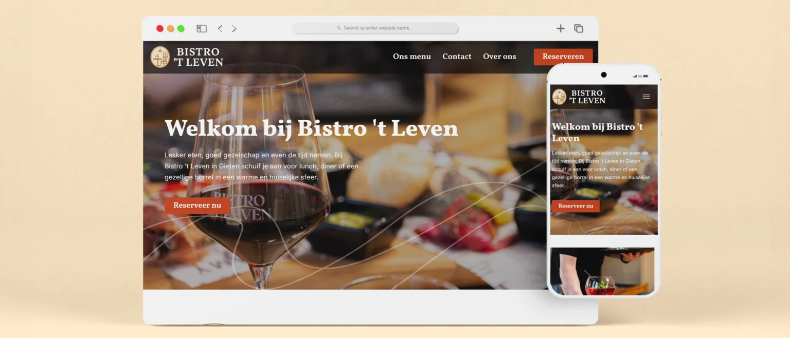 Website van Bistro 't Leven op een desktopscherm en telefoon