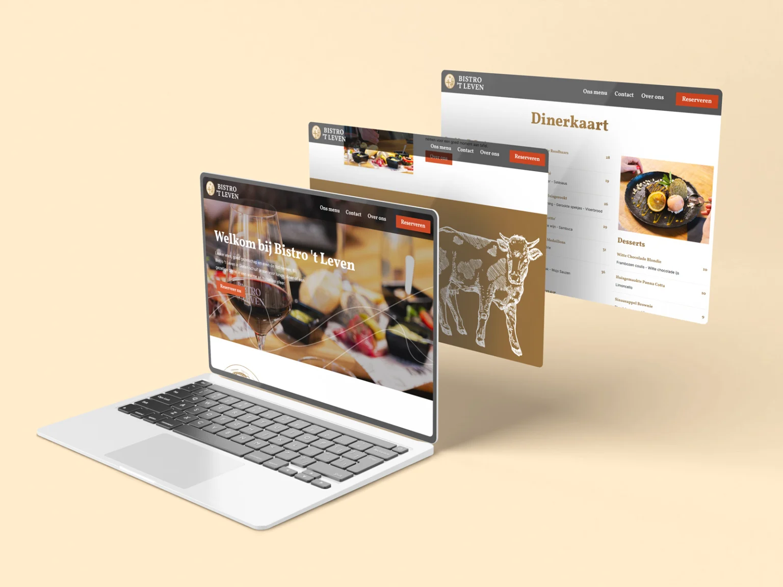 Website van Bistro 't Leven op een laptop met de menukaart