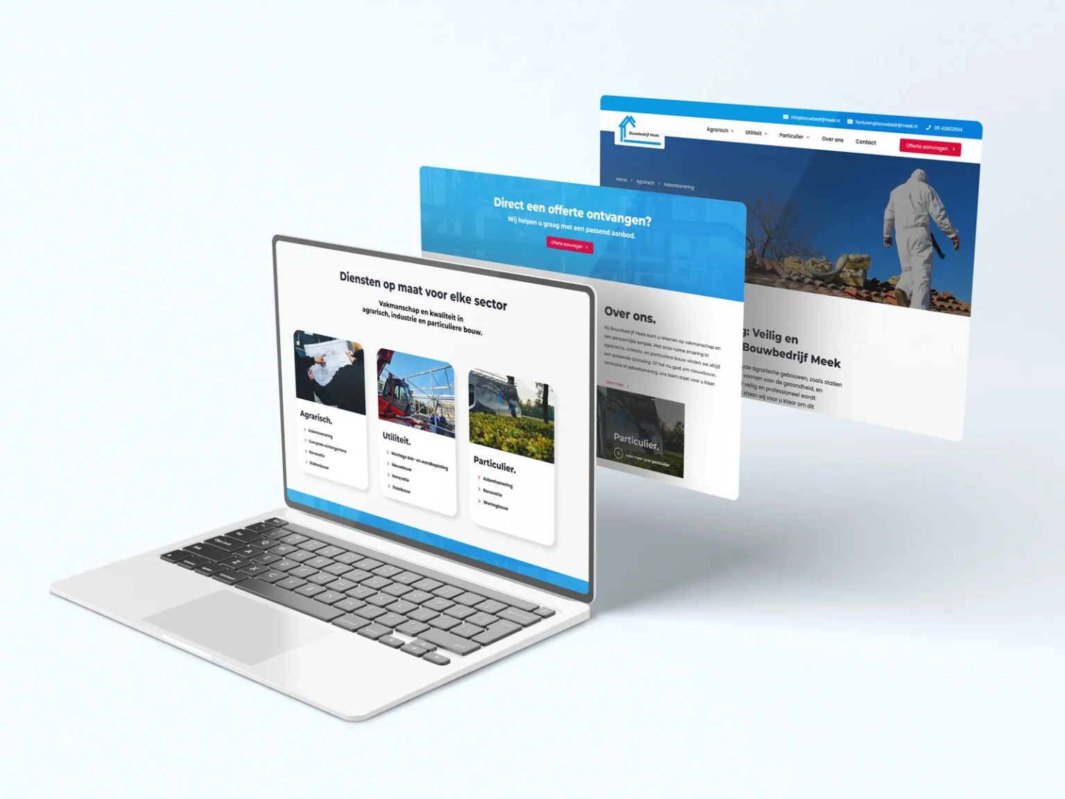 Website van Bouwbedrijf Meek op een laptop met twee extra pagina's