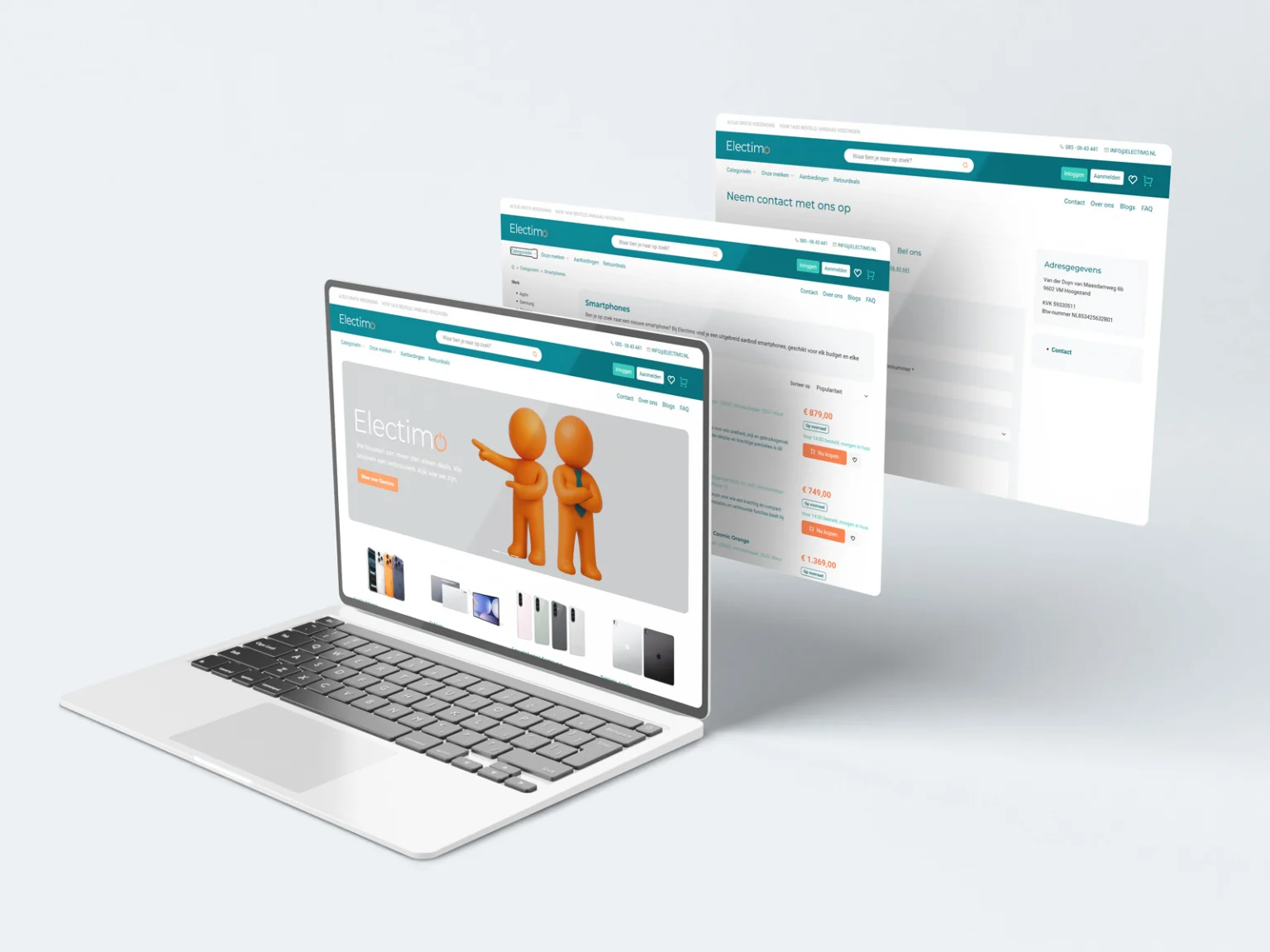 Webshop van Electimo op een laptop met twee extra pagina's
