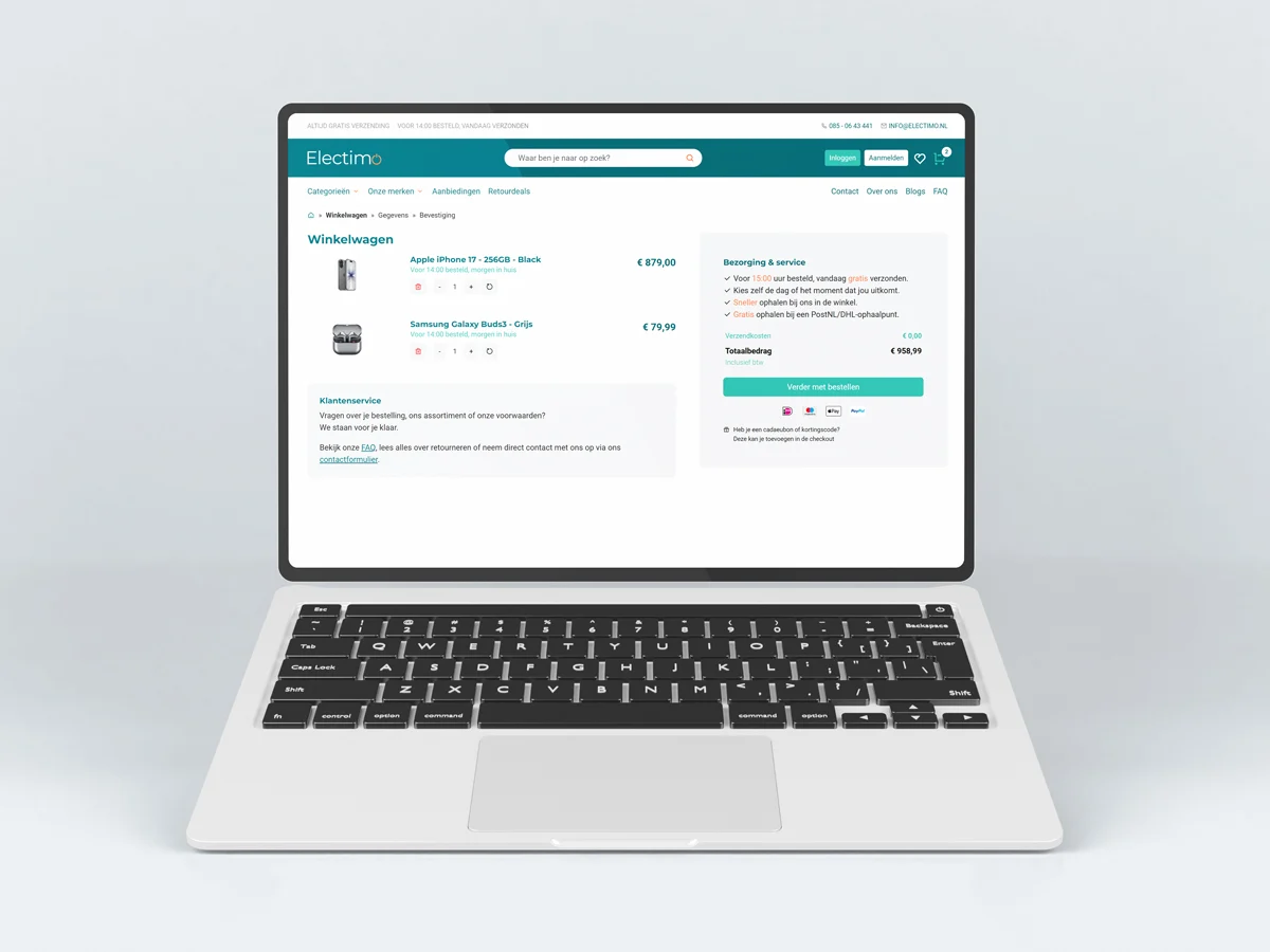Productpagina van de webshop van Electimo op een laptop