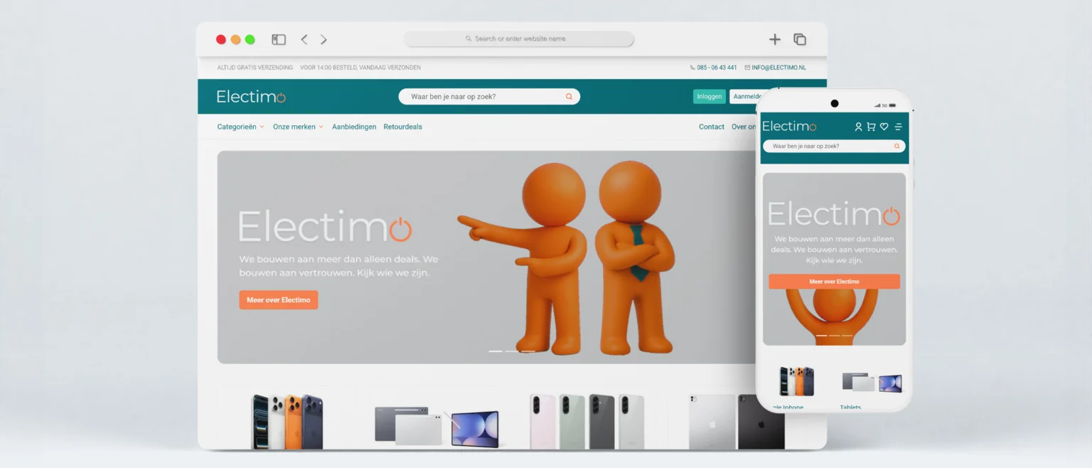 Webshop van Electimo op een desktopscherm en telefoon