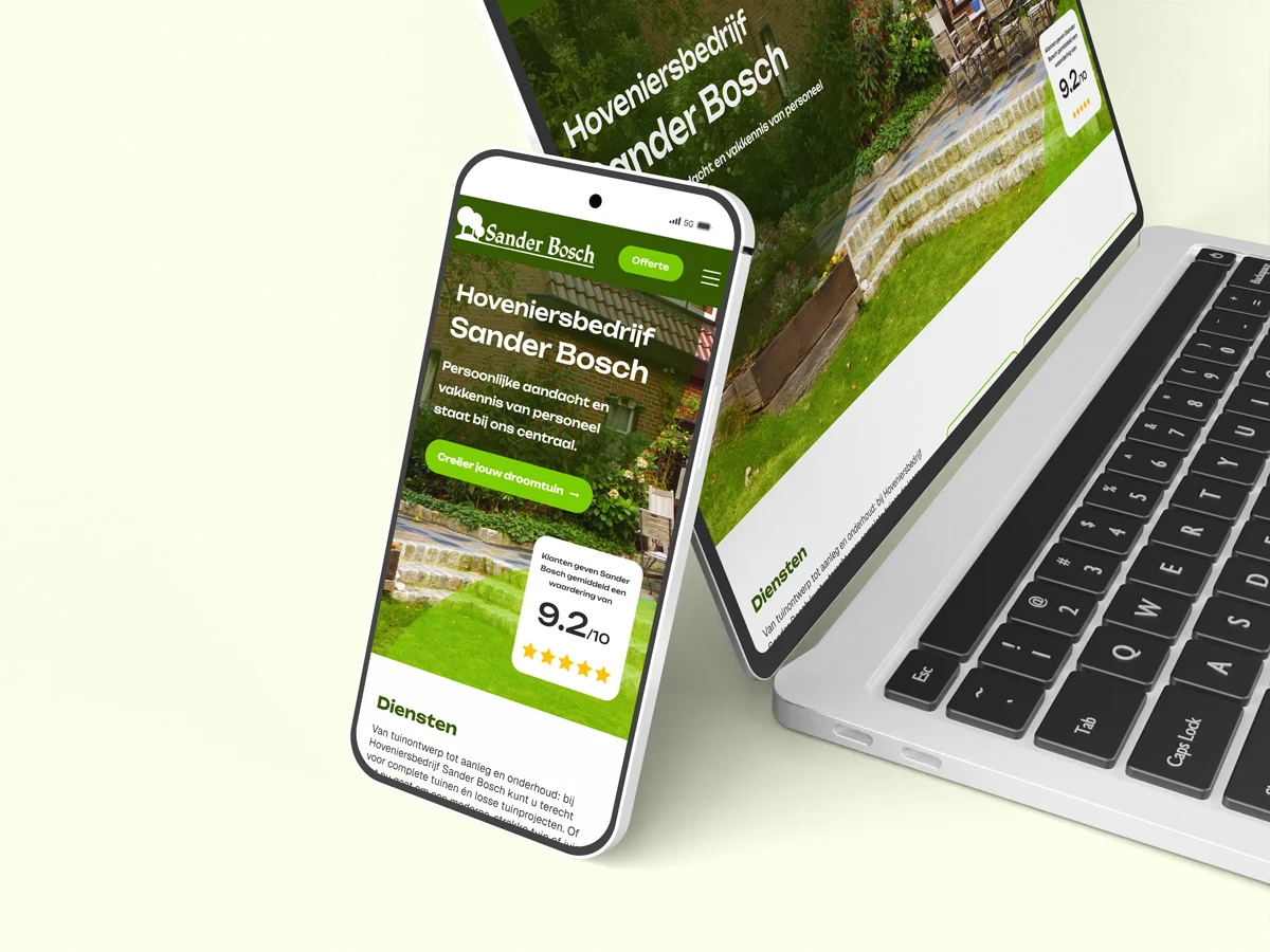 Website van Hoveniersbedrijf Sander Bosch op een telefoon en een laptop