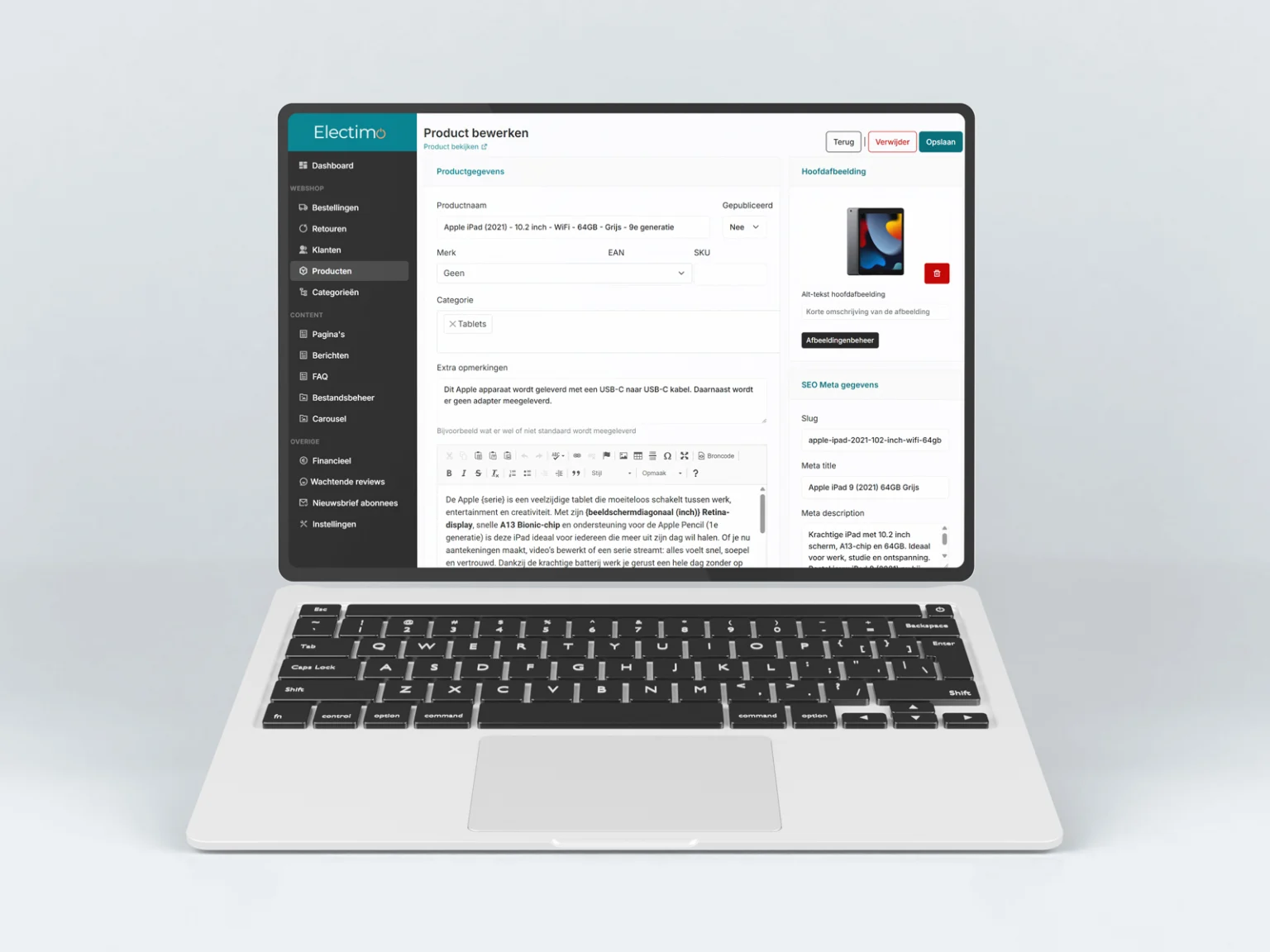 Beheerscherm van de webshop van Electimo op een laptop