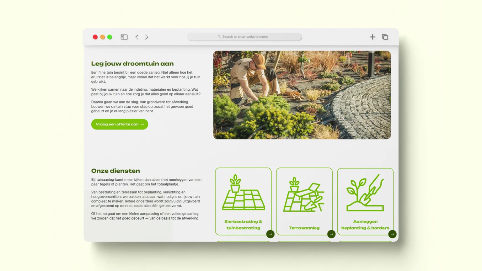 Dienstenpagina van Hoveniersbedrijf Sander Bosch in een browservenster