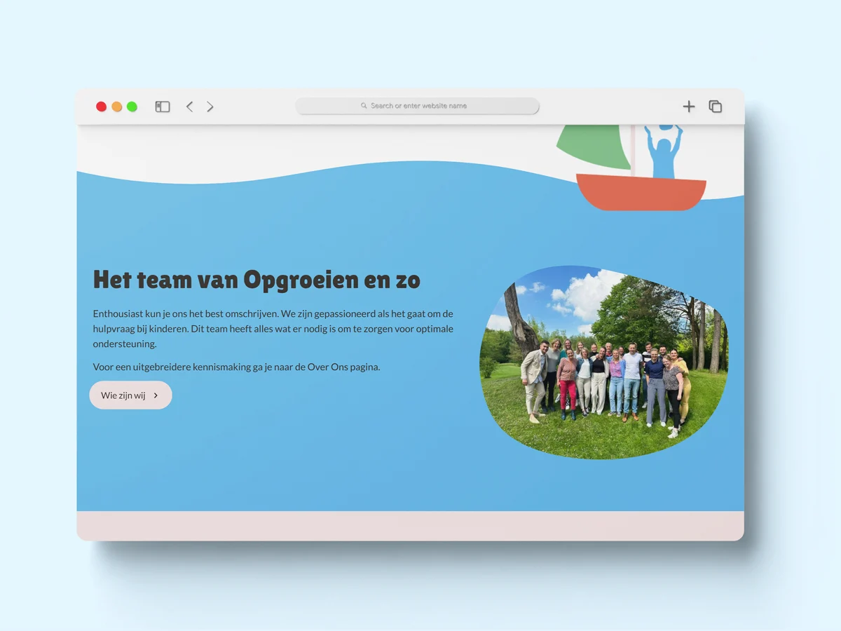 Teampagina van Opgroeien en zo in een browservenster