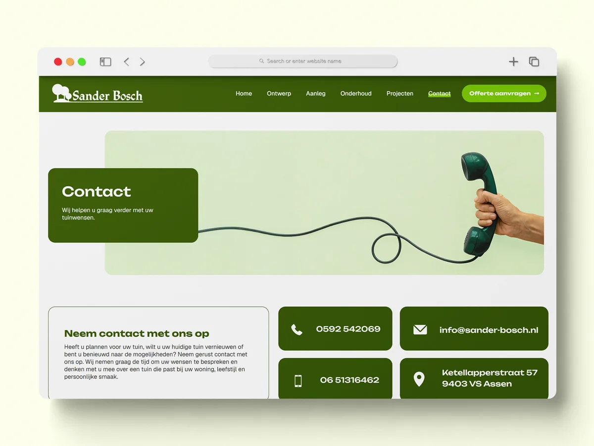 Contactpagina van Hoveniersbedrijf Sander Bosch in een browservenster
